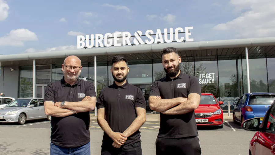 Pictured (L to R): Anthony Round, Franchise Director, Burger & Sauce, Saad Masood, Founder, Subhan Munir, Franchisee. /Burger&sauce