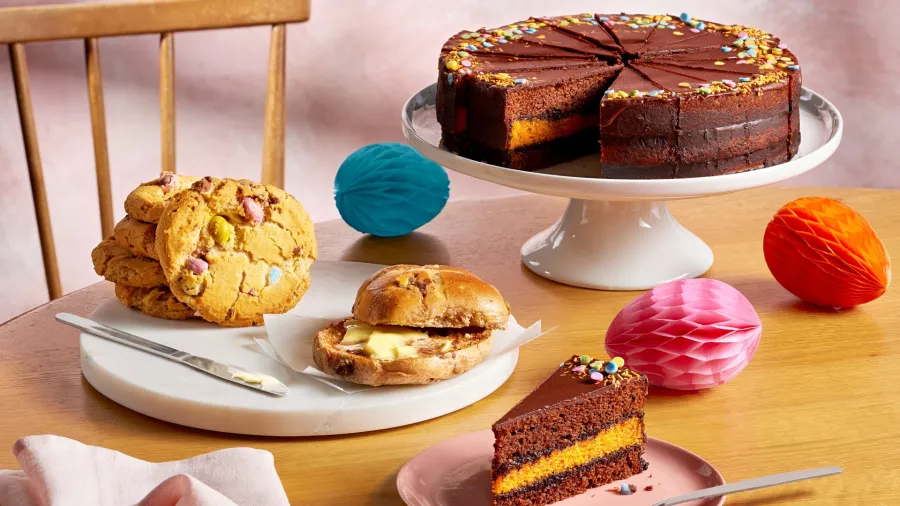 Chocolate Orange Cake, Hot Cross Bun, and Mini Egg Cookie /Costa Coffee