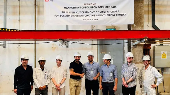Mooreast and Bourbon Offshore at the first steel cut ceremony; Mooreast will supply its MA5S mooring drag anchors to the biggest of the first three floating wind energy projects in France. (Photo from Mooreast)